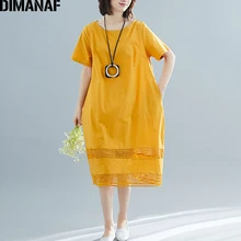 DIMANAF, женское Хлопковое платье размера плюс, летний сарафан, женское элегантное платье, свободное, цельное, базовое, женское платье, большой размер
