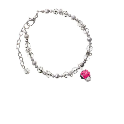 Hot Pink Ladybug Spinner Clear Beaded Bracelet