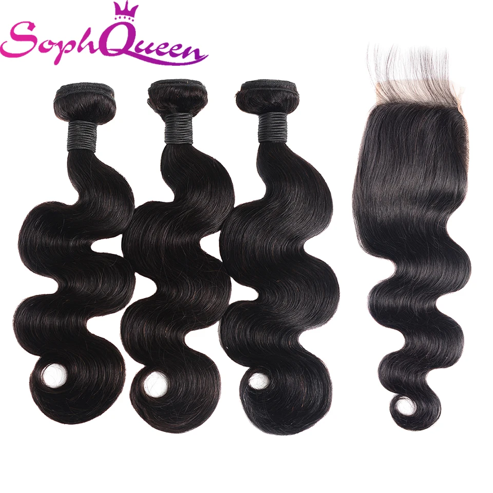 Soph queen hair Virgin волосы пучки с закрытием бразильские волосы волнистые пучки с закрытием наращивание волос натуральный цвет