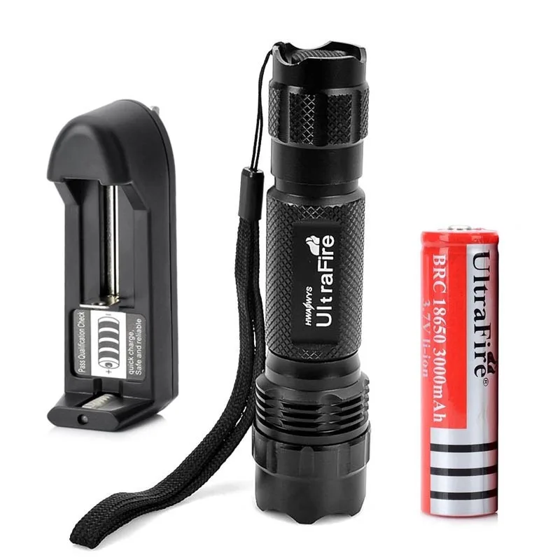 980lm UltraFire 5 Mode White Light Zooming Lanterna T6 LED Lanterna LED Torch Lamp Lanterna (1x18650 Bateria + Carregador)