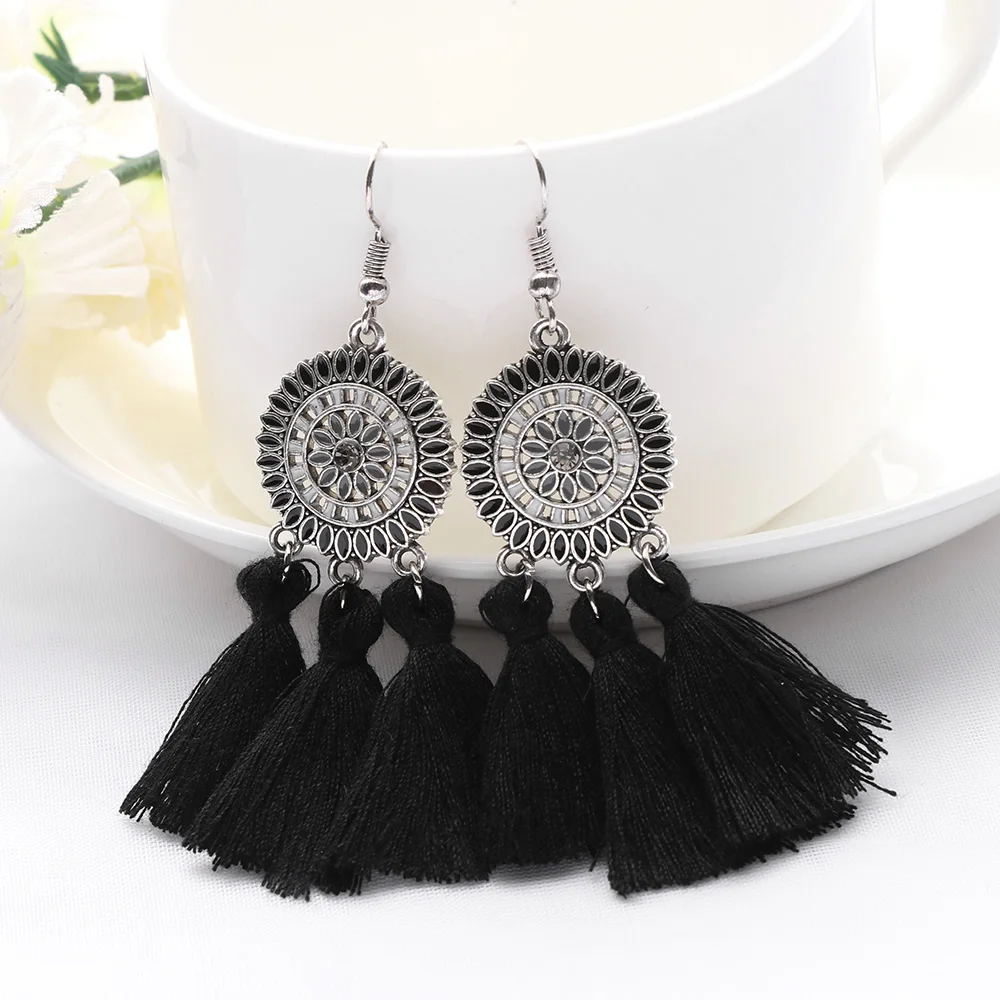 

One Pair Vintage Women Fashion Long Colorful Tassel Big Flower Drip Oil Earrings Jewelry New Brincos Bijoux