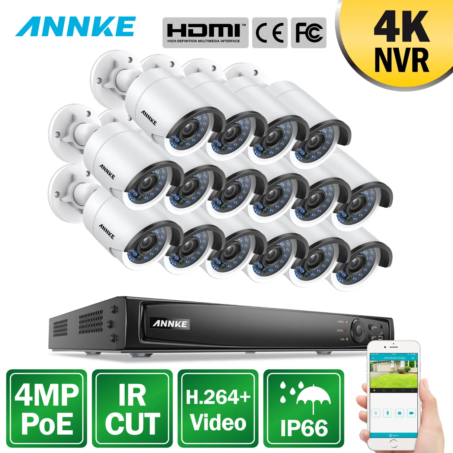 

ANNKE 16CH 2MP POE Video Security System 4K NVR With 16pcs 4mm 2MP Weatherproof IR CUT Outdoor Cameras Home Surveillance NVR Kit