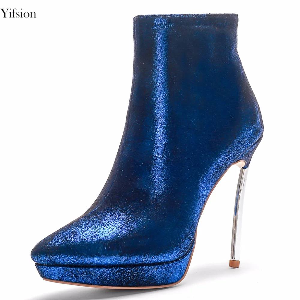 

Yifsion New Women Winter Ankle Boots Sexy Metal Thin High Heel Boots Pointed Toe Stylish Blue Office Shoes Women US Size 4-10.5