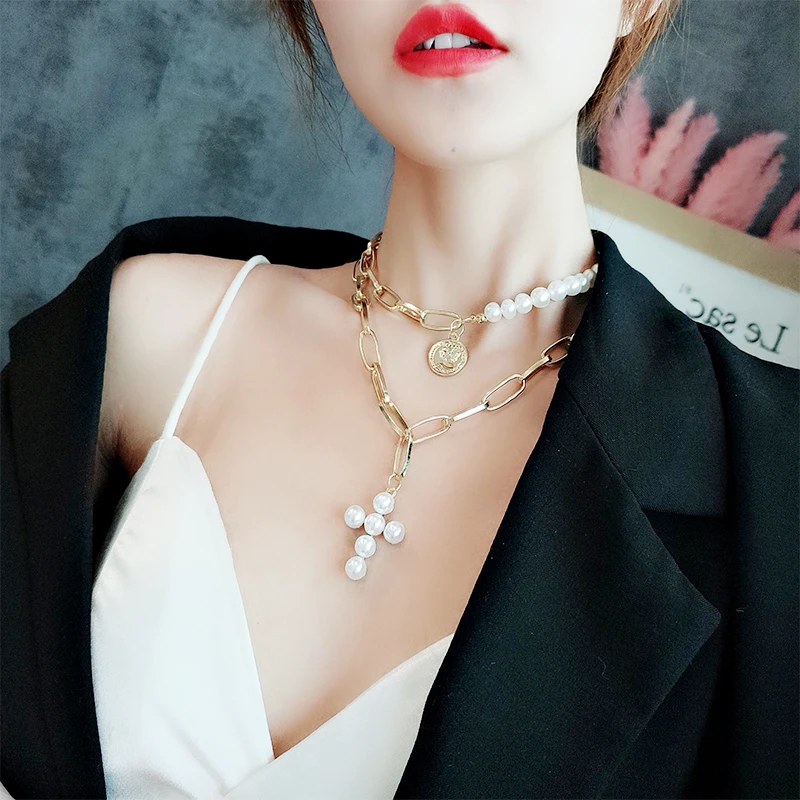 

Luxury Multilayer Chain Imitation Pearls Cross Pendant Short Choker Necklace Coin Gold Color Necklaces for Women Fashion Je
