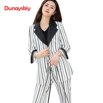 

Spring Autumn New Fashion HotSell Pant Suits OL Elegant White Striped Single Button Two Pieces Women Clothes Vintage Pant Suits
