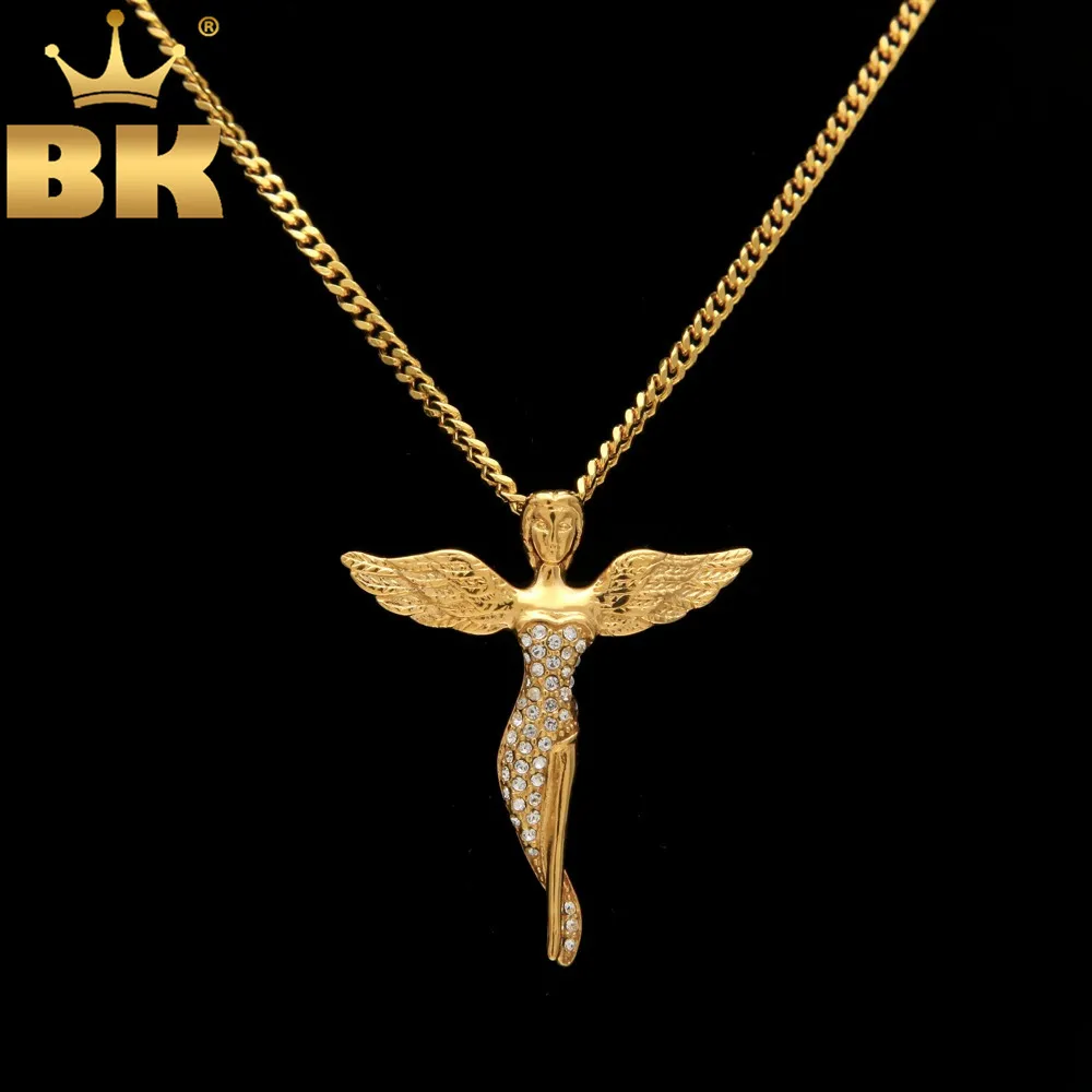 

Gold Color Iced Out Long CZ Angel Wings Jesus Charm Pendant Necklace With 3mm 24'' Cuban Chain Hip Hop Bling Fairy Necklace