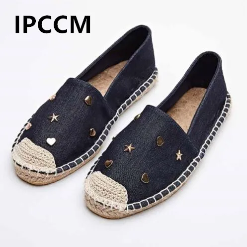 

IPCCM Brand Spring/Autumn Fashion Ethnic Casual Espadrilles Flat 2018 New Women Star Moon Love Slip on Fishermen Hemp Rope Shoes