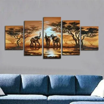 

Handpainted Abstract Landscape Oil Paintings on Canvas Large 5 Panel Wall Painting Modern African Tree Elephant Pictures Arts