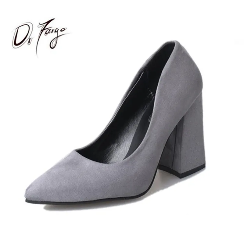 

DRFARGO Women 9.5 cm Square Heel Sexy Pointed Toe Work Lady Pumps Spring Summer Shallow Vamp Femme RED GRAY BLACK zapatos mujer