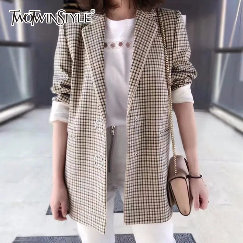 TWOTWINSTYLE Plaid Jacket Women Long Sleeve Casual Coats Tops Female England Style Clothes Large Size 2018 Autumn Winter