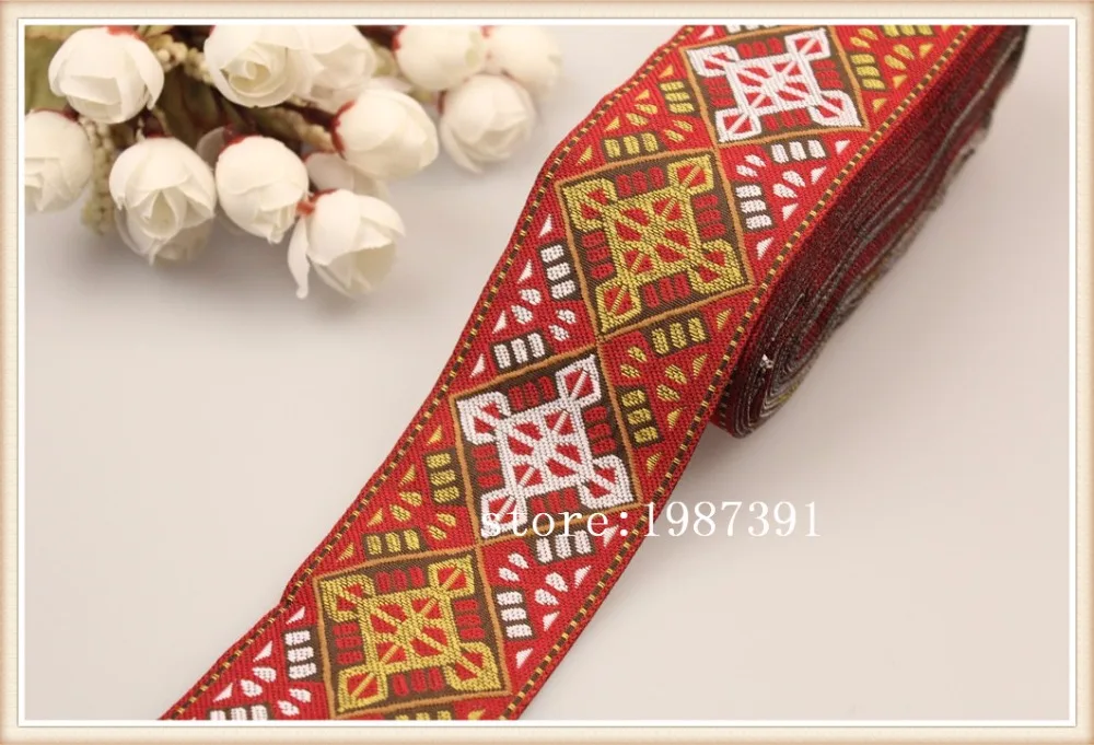 

10yards/lots Woven Jacquard Ribbon 5cm red background geometric pattern totem pattern LS-6387