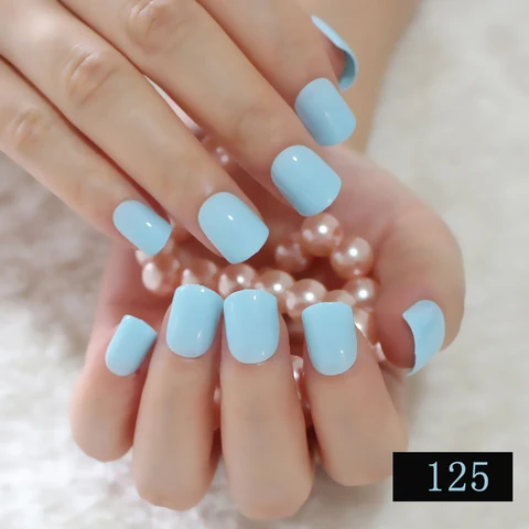 Lady Candy Fake Nails Tips False Nail Middle Round End Shiny Surface Sky Blue 152