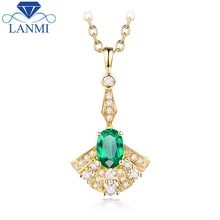 Natural Diamond Gemstone Jewelry Good Quality Emerald Pendant Necklace in Solid 14K Yellow Gold Wholesale for Women