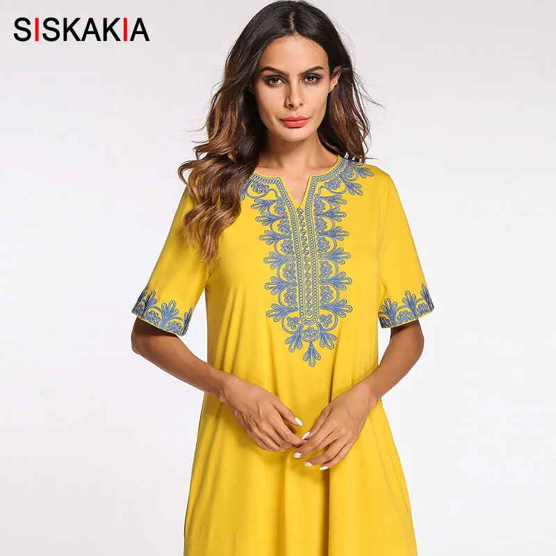 Siskakia летняя футболка длинное платье для женщин элегантные желтые Этнические вышитые макси платья с коротким рукавом Свободные повседневные трикотажные