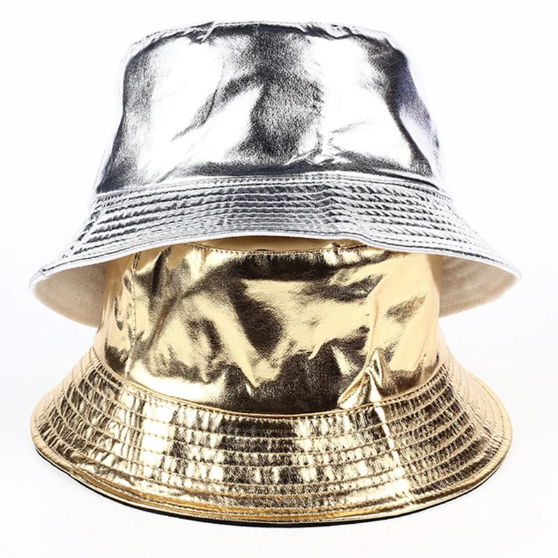 

2019new hip hop Casual tide brand Gold and silver Bright color bucket hat leather bucket hats fashion men camping fishing hat