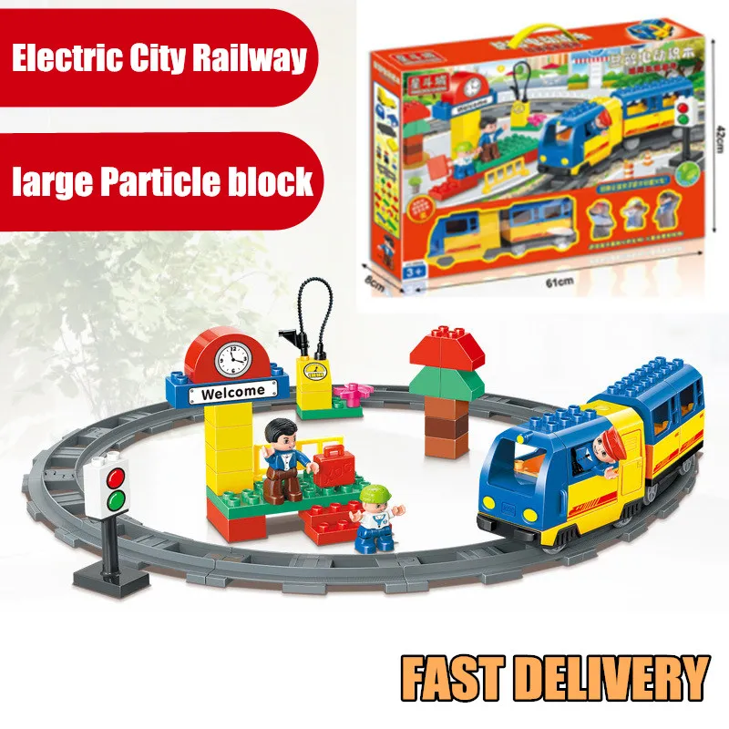 

New Electric music Train School Bus Track Conductor Boy Big fit legoings duplo figures model building Block Brick Set Baby Toys