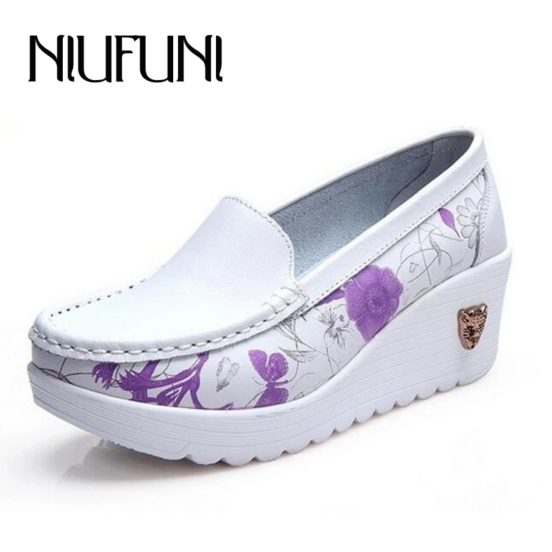 

Flower Print Spring Autumn Womens Flats Arrival Round Toe Split Leather Shoes 7 Colors Slip On Platform Shoes For Females