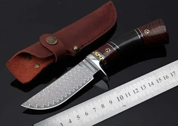

Forged Damascus pattern Hunting Knife High hardness 59HRC Sharp Fixed blade camping knife wood handle survival Tactical tool