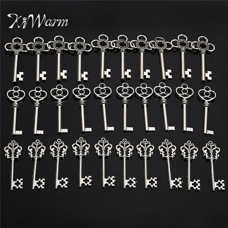 

KiWarm 30pcs Silver Antique Vintage old look Ornate Skeleton Keys Lot Pendant Fancy Heart Necklace Hanging Decor DIY Crafts