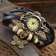Женские повседневные винтажные Многослойные наручные часы-браслет из искусственной кожи с бабочкой