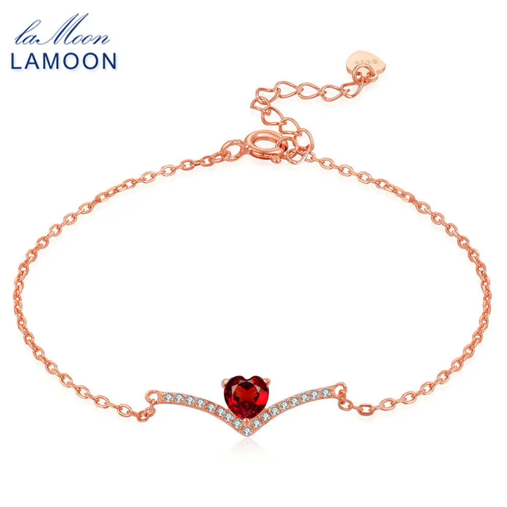 Lamoon Love Heart Charm Bracelet For Women 100% Natural Red Gemstone 0.3ct Garnet 925 Sterling Silver Fine Jewelry 18KGP LMHI011