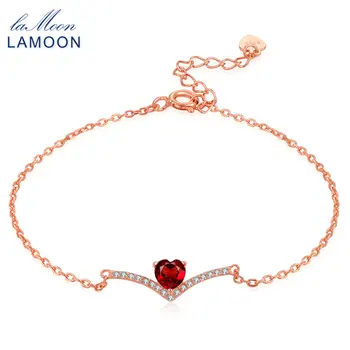 

Lamoon Love Heart Charm Bracelet For Women 100% Natural Red Gemstone 0.3ct Garnet 925 Sterling Silver Fine Jewelry 18KGP LMHI011