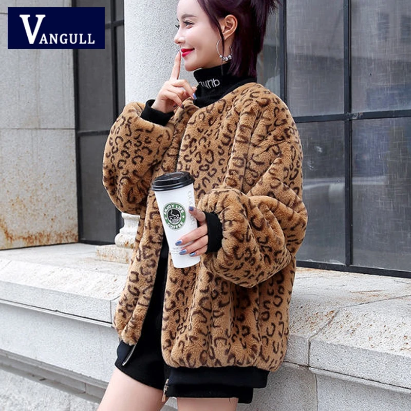 Vangull New Winter Fur Coat Women Leopard Faux Fur Jacket Plus Velvet Thick O-Neck Long Sleeve Warm Fur Jackets Coats New