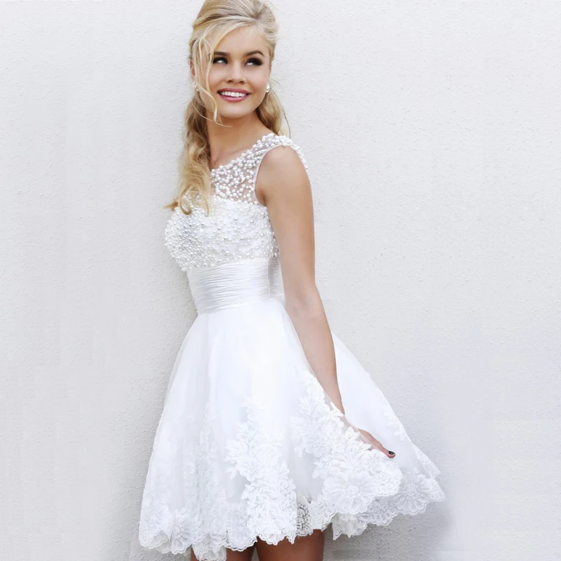 2017 Hot Elegant Beading Pearls White Lace Sleeveless Formal 2017 Hot Elegant Beading Pearls White Lace Sleeveless Formal Short Tail Party Dresses Ball Gowns Engagement Bride Dress In From