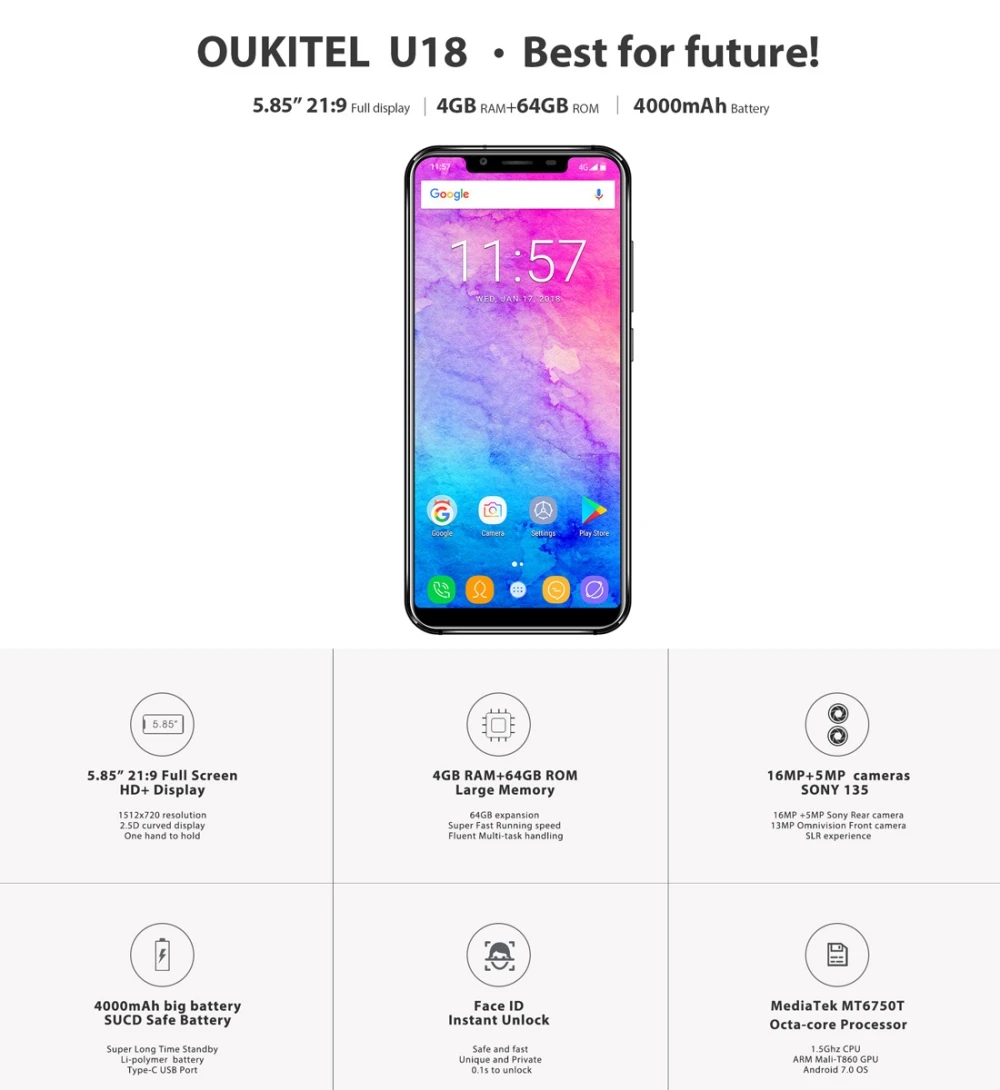 4G LTE Oukitel U18 5 85 &quot21:9 полный Дисплей смартфонов Face ID MT6750T Octa Core Android 7 0 4 GB 64 13MP Dual SIM