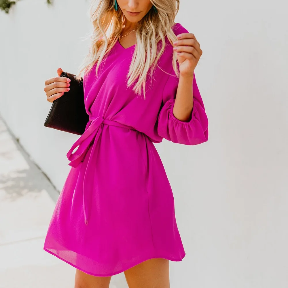 2019 Демисезонный новые модные женские туфли половина-Sleeve A-Line Dress Твердые Пояса стильная женская обувь мини Vestidos