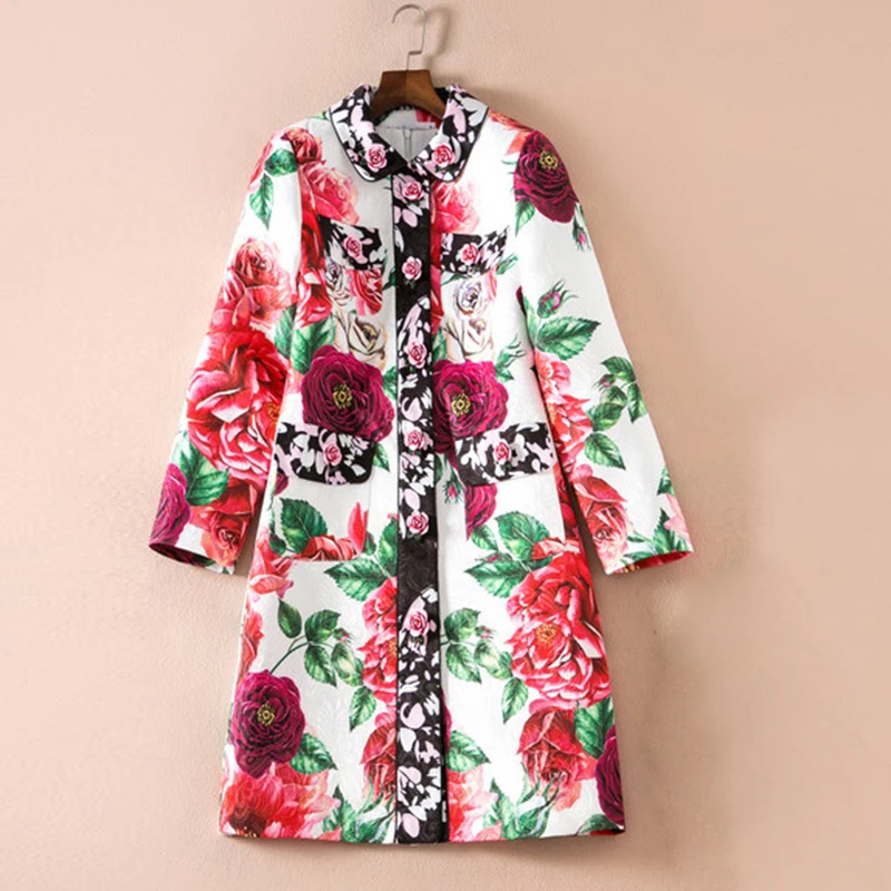 

HIGH QUALITY Newest 2018 Designer Trench Women's Gorgeous Rose Buttons Floral Print Trench Coat