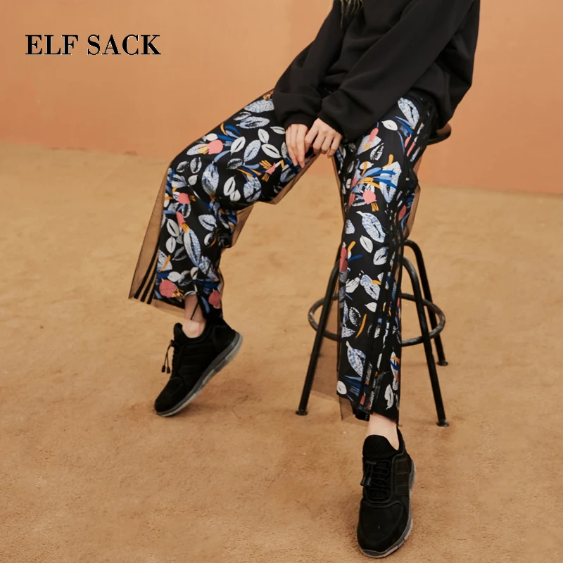 ELFSACK новинка женские штаны богемный стиль полная длина принт средняя талия