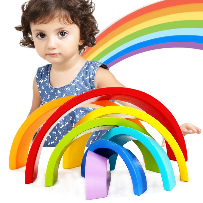 

7 colors Toys blocks Wooden Rainbow building blocks For Kid educational Interactive ability Rainbow wooden stack high toy