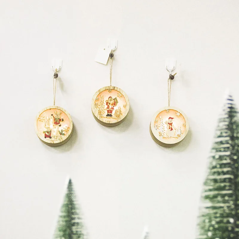 Round Santa Claus Ornaments Christmas LED Light Hanging Decor Tree Wood Luminous Decoration Kid Gifts|Кулоны и подвески| |