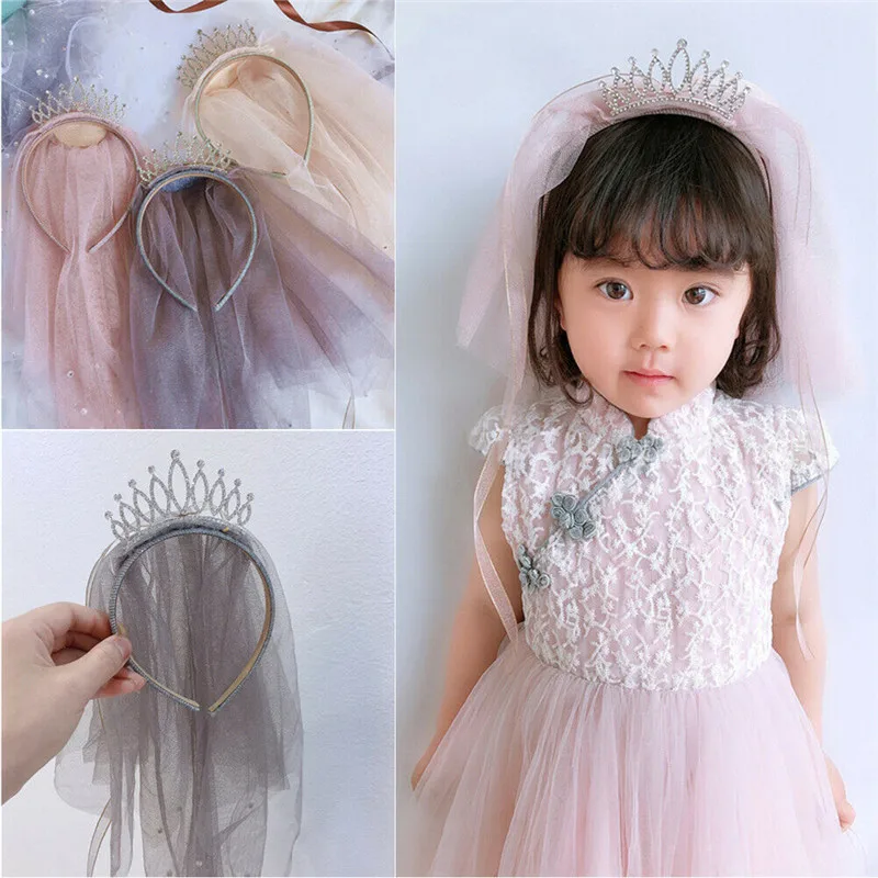 Fashion 1PC Cute Princess Veil Children Headbands Baby Girl Rhinestone Crown Garland Party Wedding Hairband Headwear Accessories