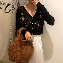 Korobov корейский тонкий летний кардиган винтажная Цветочная вышивка V шеи Sueter Mujer однобортный свитер с длинным рукавом 78429