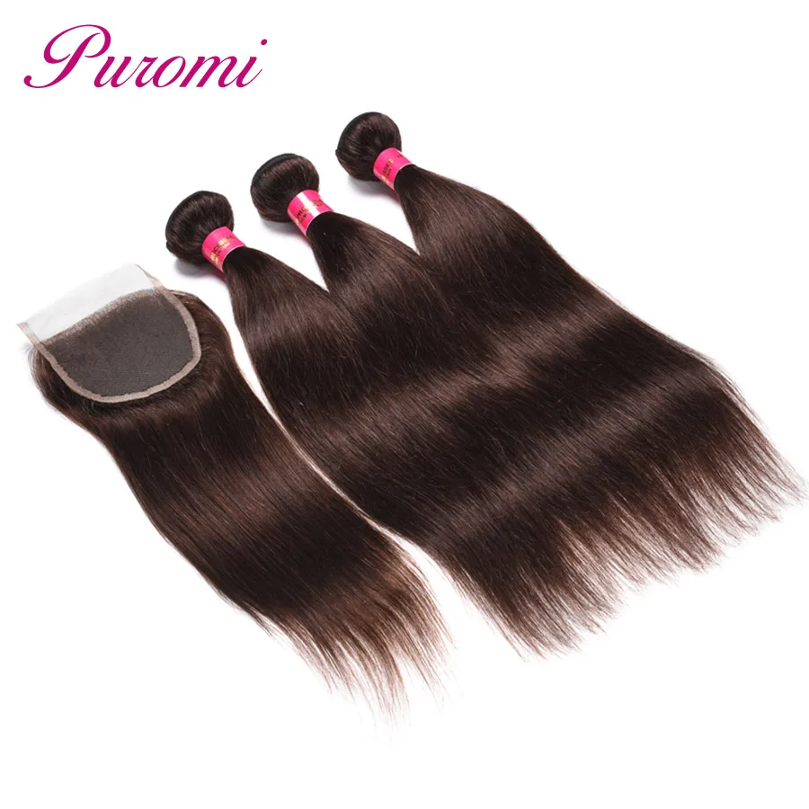 Puromi Indian Straight Hair 3 Bundles with Closure Dark Brown Pure Color #2 100% Human Non-Remy Free Shipping | Шиньоны и парики