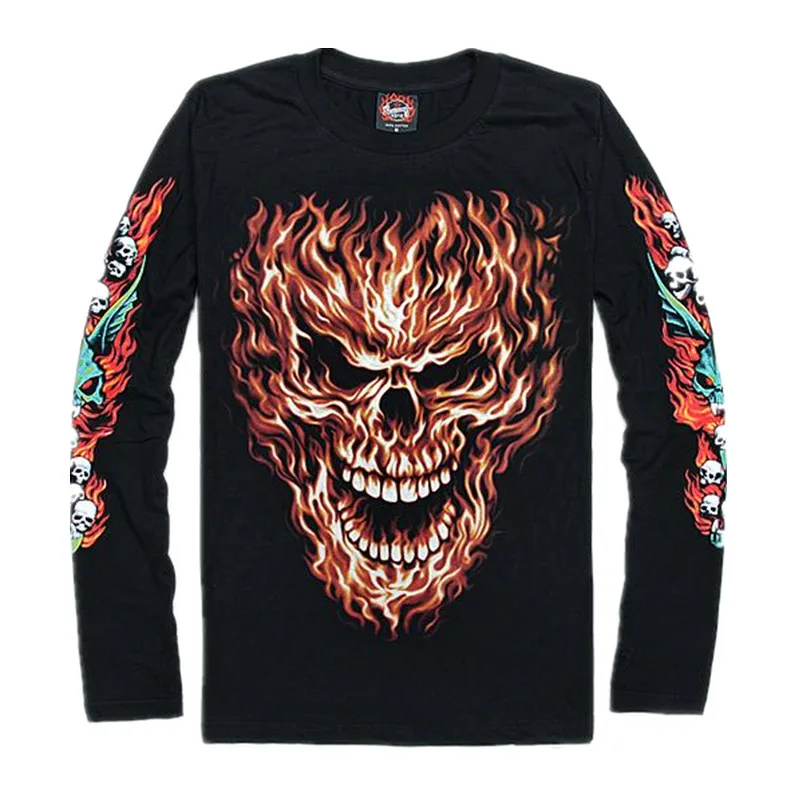 Spring Autumn New Men’s Flame Skull Print Long Sleeve T Shirts Male