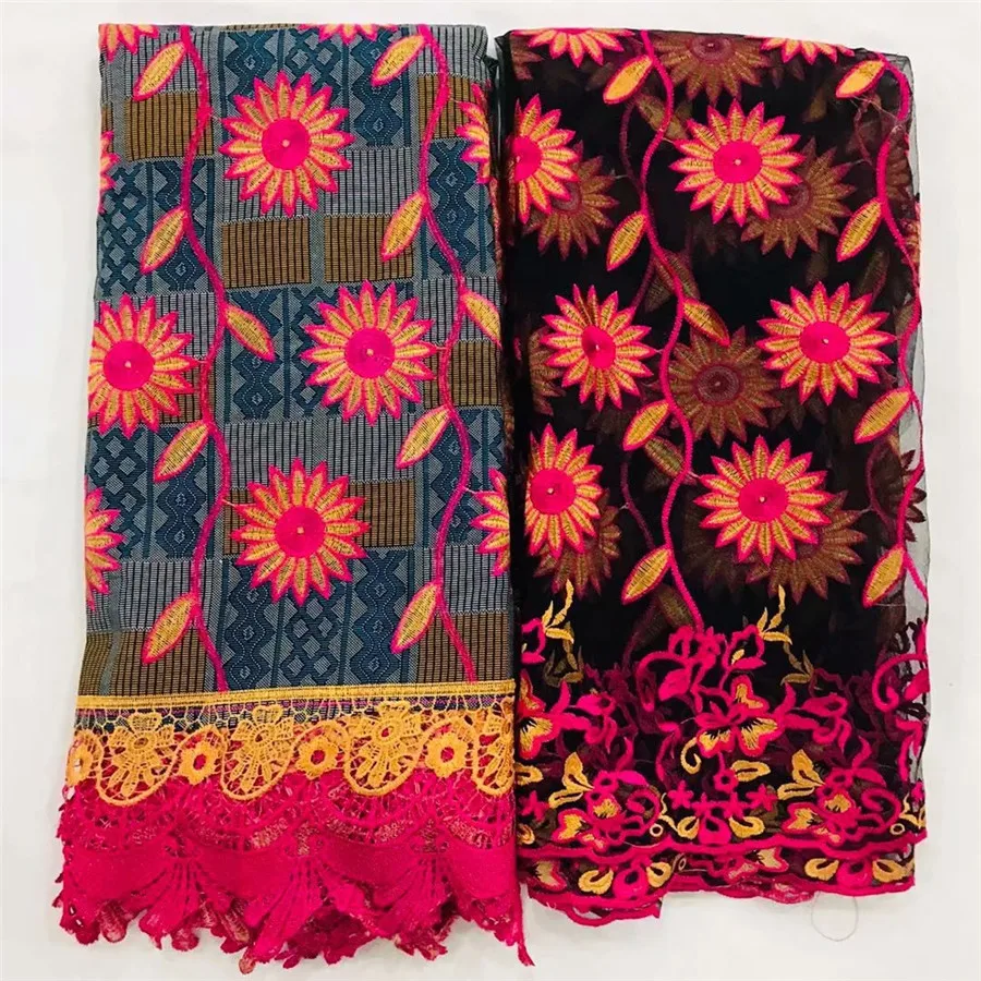 

(6y+2)Amazing flower embroidery l African ankara print wax cord lace fabric and 2y French net lace fabric for sewing WNL58