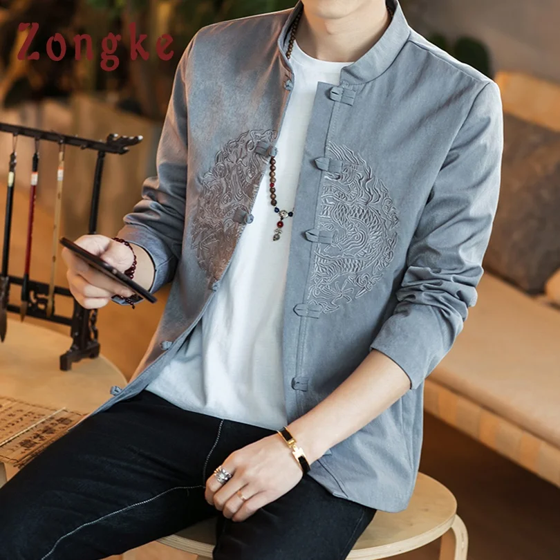 

Zongke Chinese Style Dragon Embroidery Linen Jacket Men Streetwear Clothes Bomber Jacket Men Hip Hop Men Jacket Coat 4XL 2019