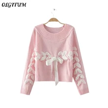 OLGITUM, модный женский свитер, Одноцветный, милый, Шелковый, с бантиком, свободный свитер, вязаный, пуловер, свитер для женщин