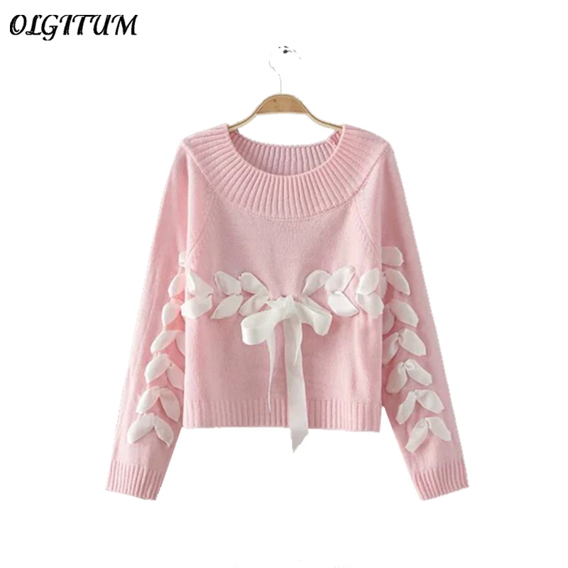 

OLGITUM 2019 Fashion new ladies sweater solid color cute silk banded bowknot Loose sweater knitted pullover sweater for female