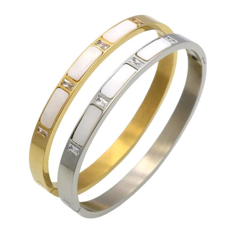 

Fashion White Shell Bracelet for Women Titanium Steel Gold Bangles Cubic Zirconia Female Crystal Jewelry