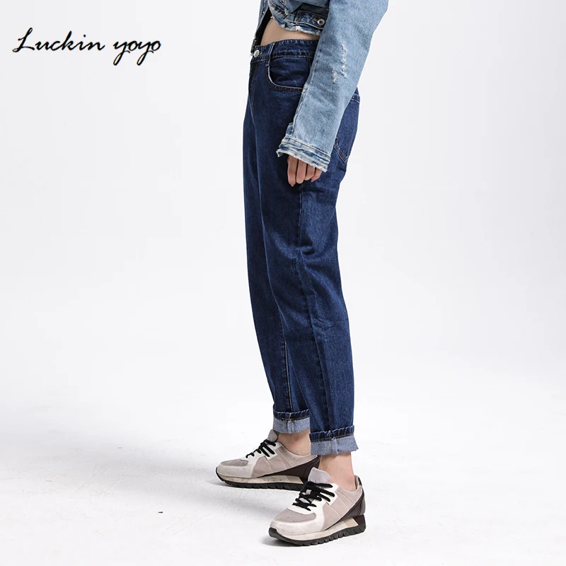 Luckinyoyo Mid Waist Mom Jeans Casual Plus Size Women's Jeans Pant Cotton Loose Style Full Length High Street Denim Jeans