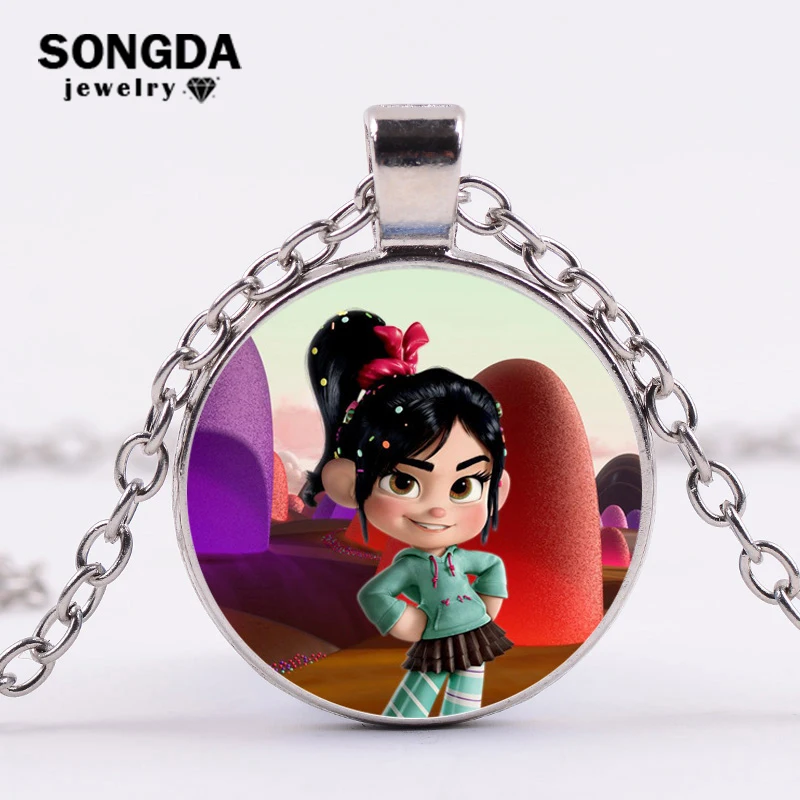 

SONGDA Breaks the Internet Wreck-It Ralph Necklace Vanellope Von Schweetz 3D Cartoon Print Glass Cabochon Pendant Long Necklace