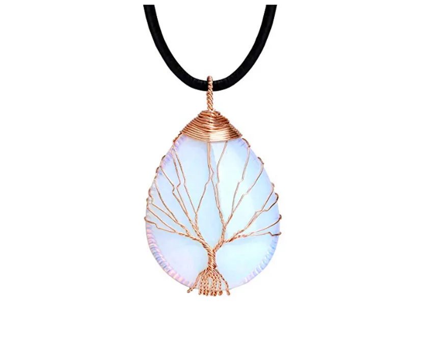 

FYJS Rose Gold Color Wire Wrap Water Drop Opalite Opal Pendant Tree of Life Necklace Fashion Jewelry