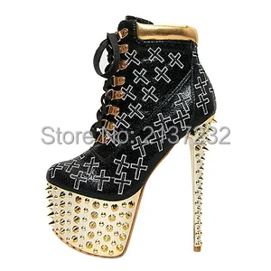 

2016 new fashion Closed toe Platform with studed boots Cross-lace-up Stiletto Pumps Sky High heel with rivets boots big size15