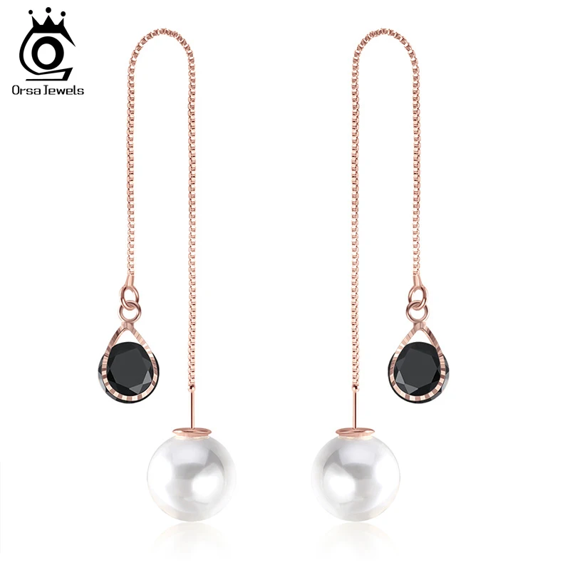 

ORSA JEWELS Women Drop Earrings Long Water Drop Black AAA CZ Rose Gold Color Simulated Pearl Girl Double Earring Jewelry OME27
