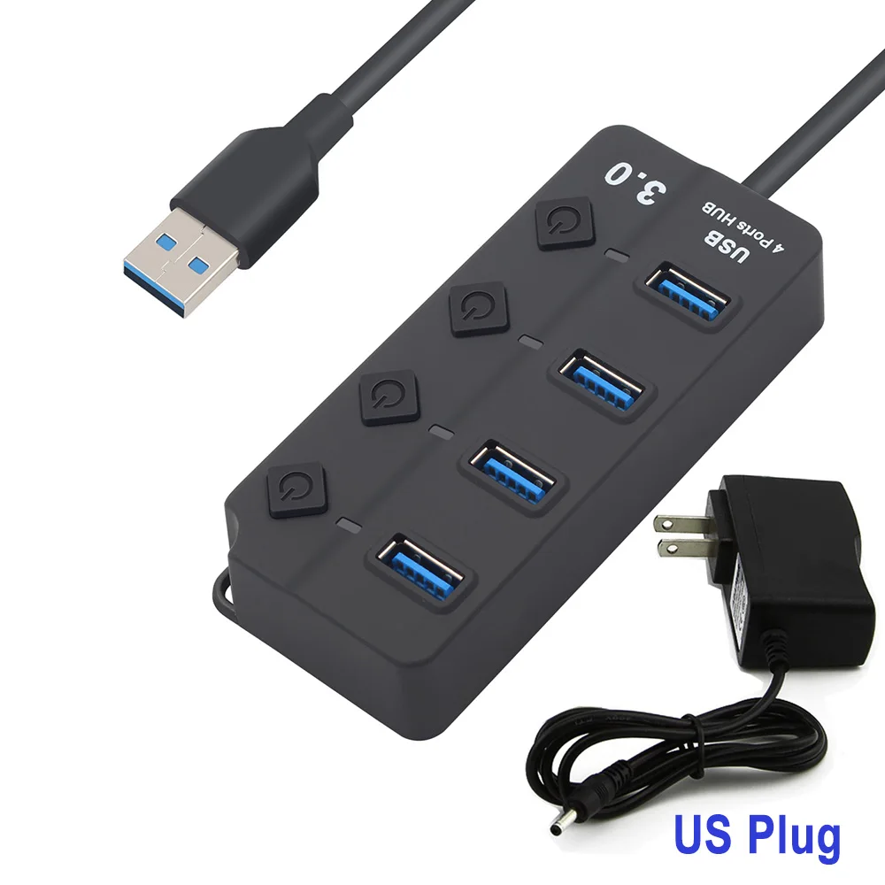 USB Hub 3,0 High Скорость 7 Порты USB 3,0 Splitter с индивидуальным на/Off переключатели для ноутбука PC, EU/US Мощность дополнительного адаптера - Цвет: 4-Port hub US Plug