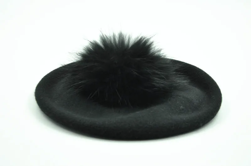 Зимний женский берет, женская шапка, 15 см, натуральный мех енота, помпон, берет, шерсть, кашемир, натуральный мех, шарик, женский берет, шапка для женщин - Color: Black match fur